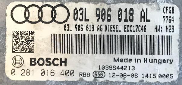 Audi A3 2.0 TDI, 0281016400, 0 281 016 400, 03L906018AL, 03L 906 018 AL, EDC17C46