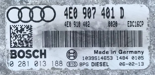 Bosch Engine ECU, Audi A8 3.0TDi, 0281013188, 0 281 013 188, 4E0907401D, 4E0 907 401 D, 1039S14653, EDC16CP