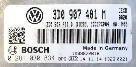 Plug & Play Bosch Engine ECU, VW Phaeton 3.0 TDI, 0281030834, 0 281 030 834, 3D0907401M, 3D0 907 401 M, EDC17CP04