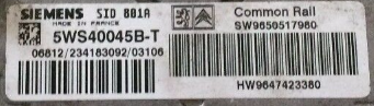 Engine ECU, SIEMENS, SID 801A, Peugeot 307 2.0HDi, 5WS40045B-T, SW9650517980, HW9647423380
