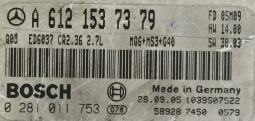 Bosch Engine ECU, Mercedes-Benz CDI Sprinter, 0281011753, 0 281 011 753, A6121537379, A 612 153 73 79, CR2.36