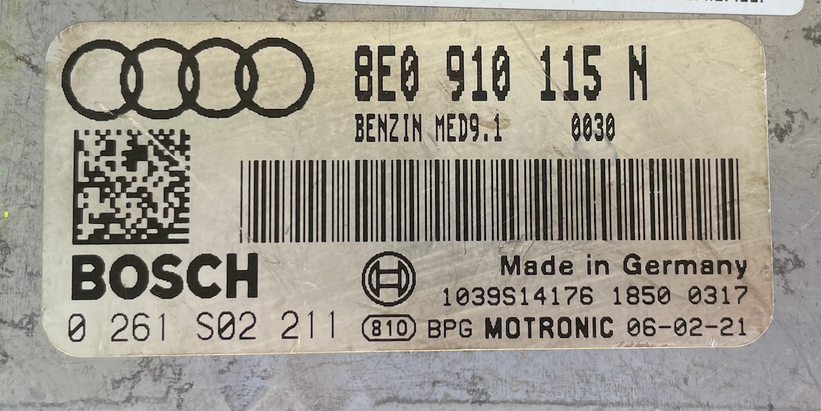 Plug & Play Bosch Engine ECU, Audi A4 2.0 TFSI, 0261S02211, 0 261 S02 211, 8E0910115N, 8E0 910 115 N, MED9.1