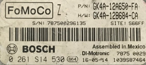 Plug & Play Bosch Engine ECU, FoMoCo, 0261S14530, 0 261 S14 530, GK4A12A650FA, GK4A-12A650-FA, GK4A12B684CA, GK4A-12B684-CA
