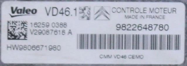 Plug & Play Valeo Engine ECU, Citroen, VD46.1, V29087618A, V29087618 A, 9822648780, HW9806671980