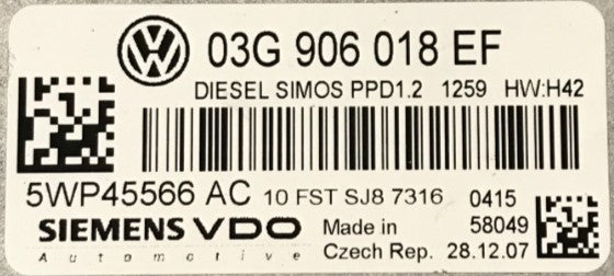ECU de motor Siemens VDO Plug & Play, VW, 5WP45566AC, 5WP45566 AC, 03G906018EF, 03G 906 018 EF, PPD1.2