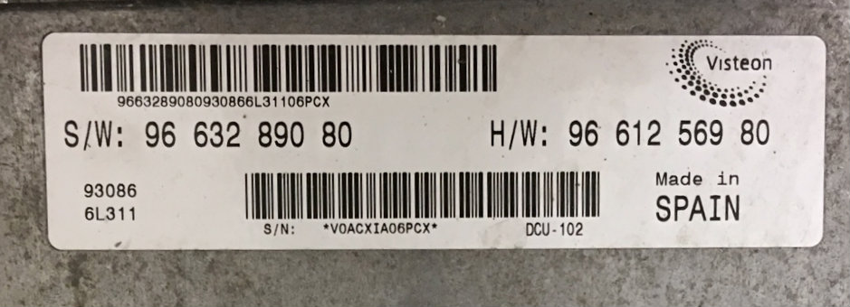 SW9663289080, S/W: 96 632 890 80, HW9661256980, H/W: 96 612 569 80, DCU-102