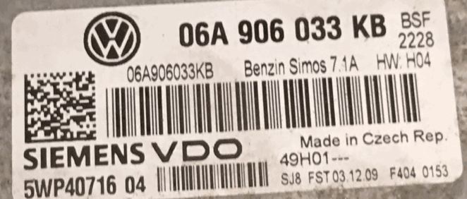 Plug & Play Engine ECU Siemens VDO, Simos 7.1A, 06A906033KB, 06A 906 033 KB, 5WP40716 04