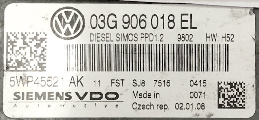 VW / SKODA, 5WP45521AK, 5WP45521 AK, 03G906018EL, 03G 906 018 EL, PPD1.2