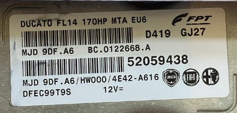 Plug & Play FPT Engine ECU, Fiat Ducato, MJD 9DF.A6, BC0122668A, BC.0122668.A, 52059438, HW000