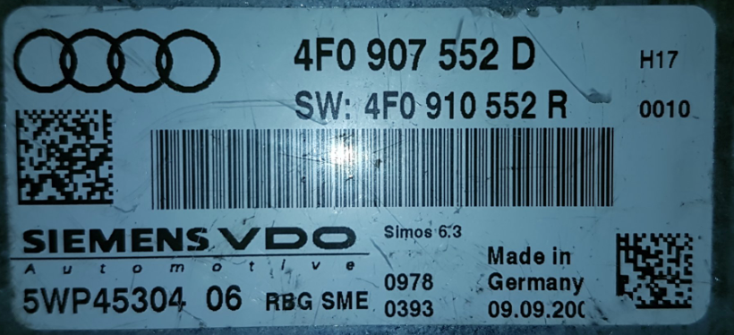 Siemens VDO Engine ECU, Audi A6 2.4, 5WP45304, 4F0907552D, 4F0 907 552 D, Simos 6.3