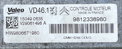 Valeo Engine ECU, Peugeot 208 1.2, VD46.1, V29061498A, V29061498 A, 9812338980, HW9806671980