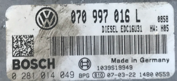 VW Transporter T5 2.5 TDI,0281014049, 0 281 014 049, 070997016L, 070 997 016 L, EDC16U31