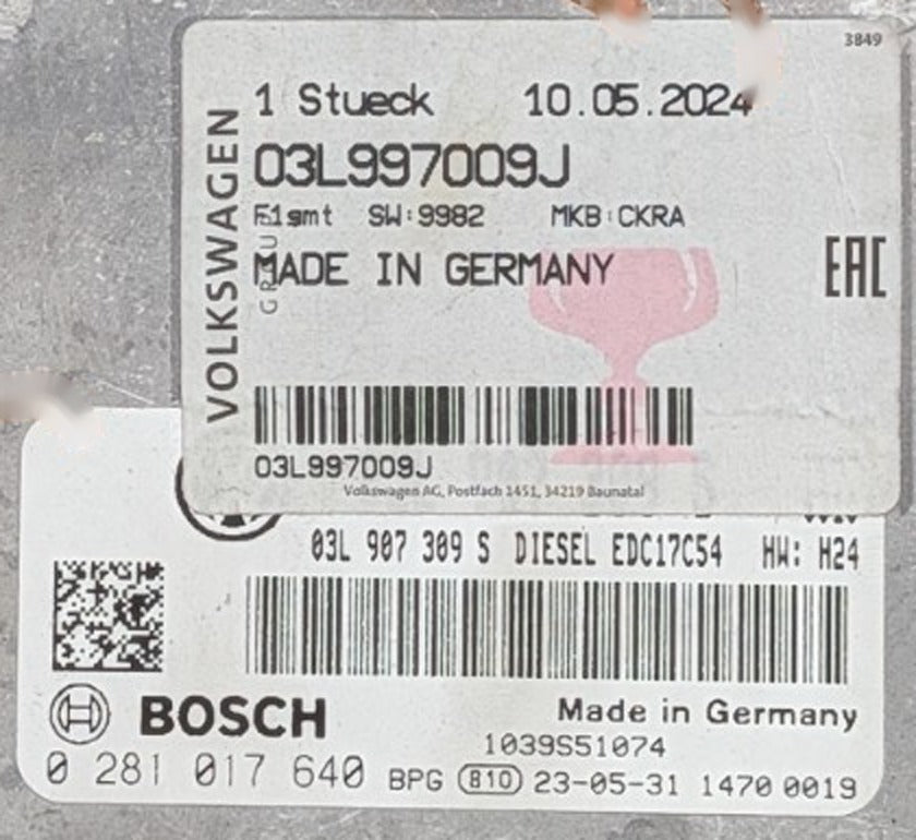 Bosch EDC17C54 ECU 0281017640 03L997009J 03L907309S label