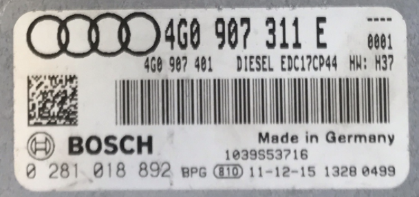 Audi A6 3.0 TDI, 0281018892, 0 281 018 892, 4G0907311E, 4G0 907 311 E, 4G0907401, 4G0 907 401, EDC17CP44