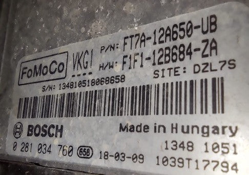 Plug & Play Bosch Engine ECU, Ford, 0281034760, 0 281 034 760, F1F1-12B684-ZA, F1F112B684ZA, FT7A-12A650-UB, FT7A12A650UB