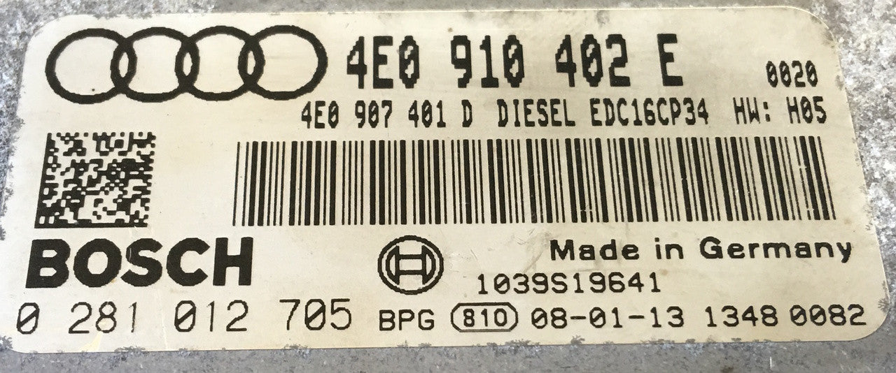 Audi A8 3.0TDi, 0281012705, 0 281 012 705, 4E0910402E, 4E0 910 402 E, EDC16CP34