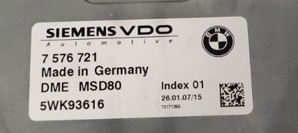 Plug & Play Continental Engine ECU, BMW, 7576721, 7 576 721, DME MSD80, 5WK93616, INDEX 01