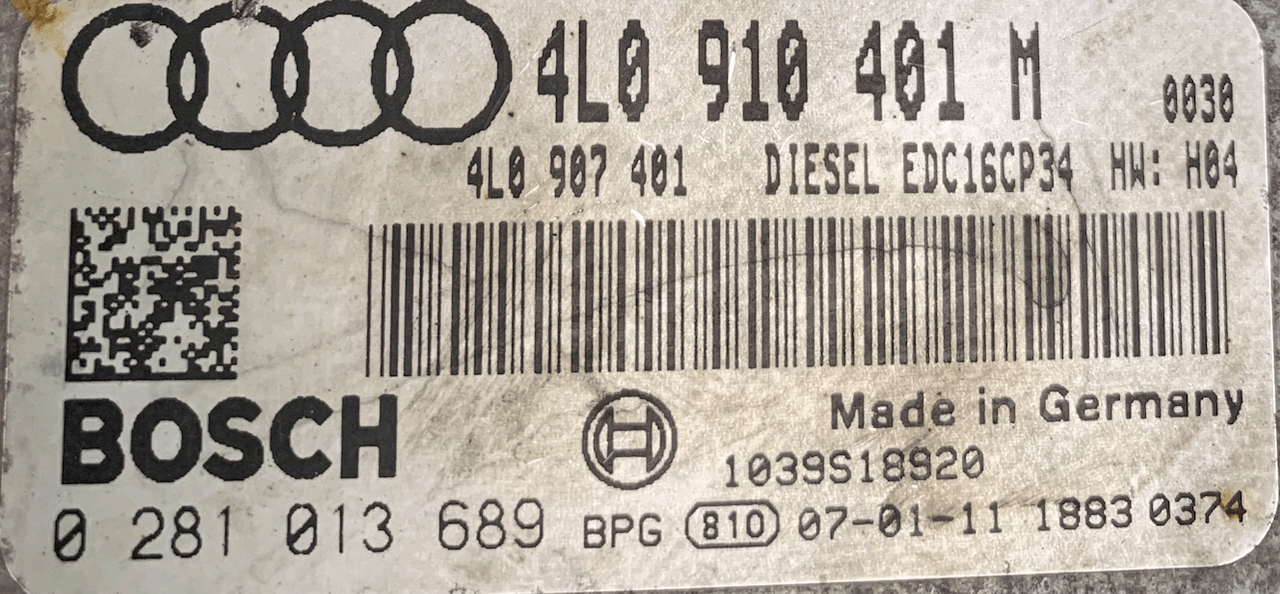 Audi Q7 3.0 TDI, 0281013689, 0 281 013 689, 4L0910401M, 4L0 910 401 M, 1039S18920, EDC16CP, H04