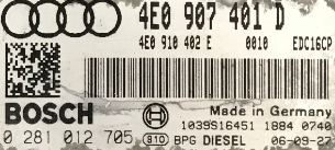 Audi A8 3.0TDi, 0281012705, 0 281 012 705, 4E0907401D, 4E0 907 401 D, EDC16CP34