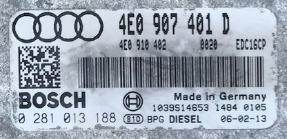 Bosch Engine ECU, Audi A8 3.0TDi, 0281013188, 0 281 013 188, 4E0907401D, 4E0 907 401 D, 1039S14653, EDC16CP