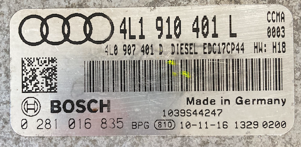 Bosch Engine ECU, Audi Q7 3.0 TDI, 0281016835, 0 281 016 835, 4L1910401L, 4L1 910 401 L, 1039S44247