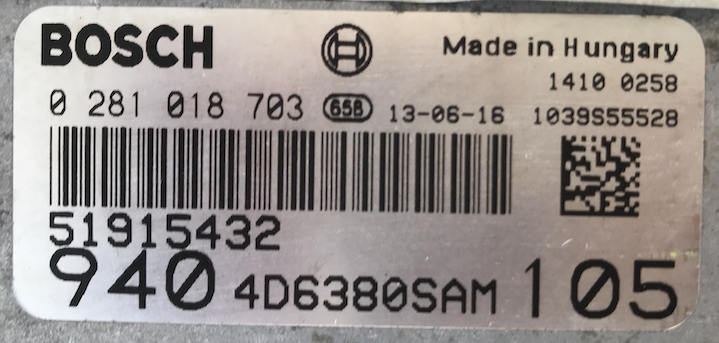 Bosch Engine ECU, Fiat JTD, 0281018703, 0 281 018 703, 51915432, 1039S55528