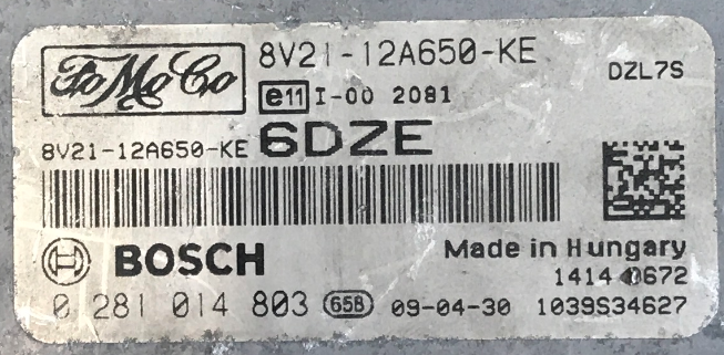 Bosch Engine ECU, Ford, 0281014803, 0 281 014 803, 8V2112A650KE, 8V21-12A650-KE, 6DZE, 1039S34627