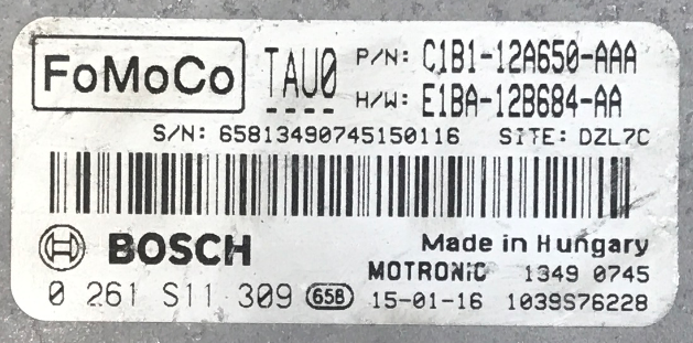 Bosch Engine ECU, Ford Fiesta Titanium, 0261S11309, 0 261 S11 309, C1B1-12A650-AAA, E1BA-12B684-AA, 1039S76228