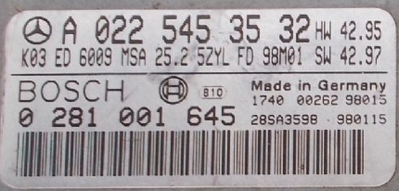 Bosch Engine ECU, Mercedes-Benz, 0281001645, 0 281 001 645, A0225453532, A 022 545 35 32