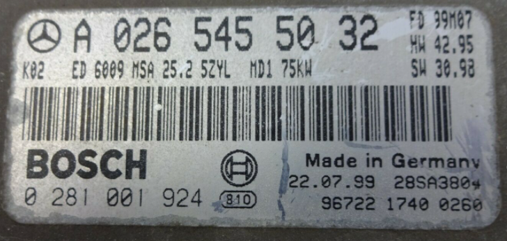 Bosch Engine ECU, Mercedes-Benz Sprinter CDI, 0281001924, 0 281 001 924, A0265455032, A 026 545 50 32