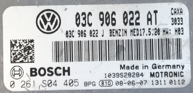 Bosch Engine ECU, VW Golf VI 1.4 TSI, 0261S04405, 0 261 S04 405, 03C906022AT, 03C 906 022 AT, 1039S28284, MED17.5.20