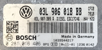 VW Golf VI 2.0 TDI, 0281016406, 0 281 016 406, 03L906018BB, 03L 906 018 BB, 03L907309, 03L 907 309 R, EDC17C46