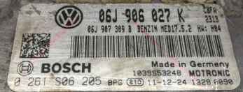 Bosch Engine ECU, VW Jetta 2.0 TSI, 0261S06205, 0 261 S06 205, 06J906027K, 06J 906 027 K, 06J907309B, 06J 907 309 B, MED17.5.2