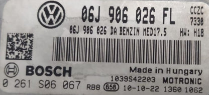 Bosch Engine ECU, VW Tiguan 2.0 TSI, 0261S06067, 0 261 S06 067, 06J906026FL, 06J 906 026 FL, MED17.5