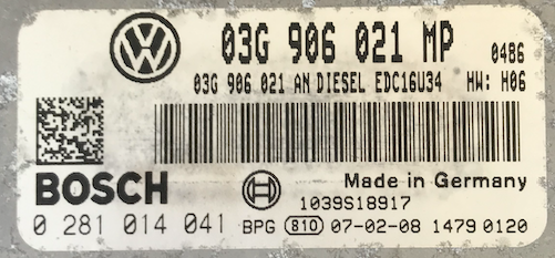 Bosch Engine ECU, VW Touran 2.0 TDI, 0281014041, 0 281 014 041, 03G906021MP, 03G 906 021 MP, 1039S18917, EDC16U34