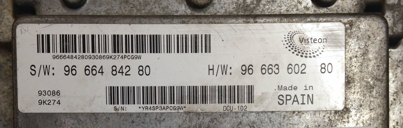 SW9666484280, S/W: 96 664 842 80, HW9666360280, H/W: 96 663 602 80, DCU-102