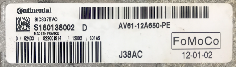 Continental Engine ECU, Mazda 3 1.6, SID807EVO, S180138002D, S180138002 D, AV6112A650PE, AV61-12A650-PE, J38AC