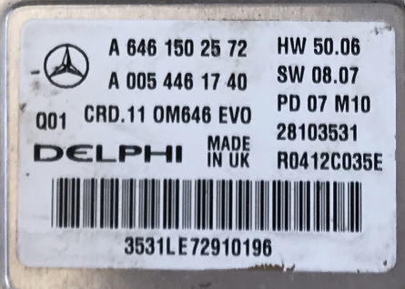 Delphi Engine ECU, A6461502572, A 646 150 25 72, A0054461740, A 005 446 17 40, CRD.11, R0412C035E, 28103531
