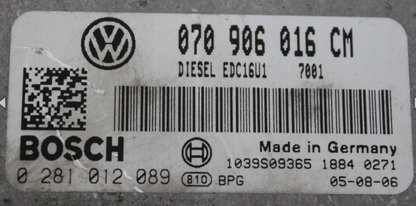 Plug & Play BOSCH Engine ECU, VW 0281012089, 0 281 012 089, 070906016CM, 070 906 016 CM, EDC16U1