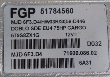 FPT Engine ECU, Fiat Doblo, 51784560, MJD 6F3.D4, 171600.086.02, HW03R