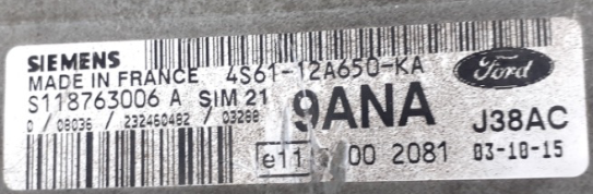 Ford Engine ECU Siemens, S118763006 A, 4S61-12A650-KA, 9ANA SIM210
