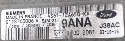 Ford Engine ECU Siemens, S118763006 A, 4S61-12A650-KA, 9ANA SIM210