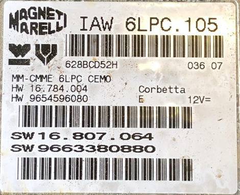 Magneti Marelli Engine ECU, IAW 6LPC.105, HW 16784004, HW 16.784.004, HW 9654596080, SW 16807064, SW 16.807.064, SW 9663380880