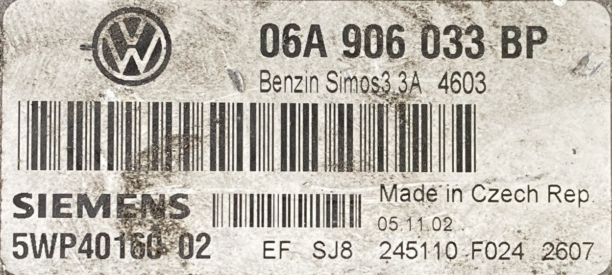 Plug & Play Engine ECU Siemens SIMOS3.3A, Volkswagen Beetle 1.6, 06A906033BP, 06A 906 033 BP, 5WP40160 02
