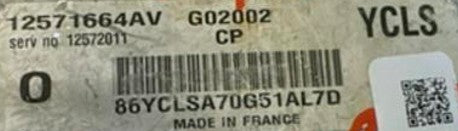 Locked Engine ECU, Vauxhall, 12571664AV, 12572011, G02002, 86YCLSA70G51AL7D