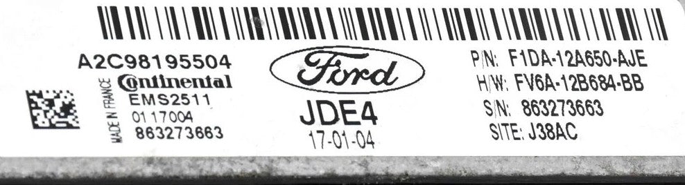 Plug & Play Continental Engine ECU, Ford, A2C98195504, F1DA-12A650-AJE, F1DA12A650AJE, FV6A12B684BB, FV6A-12B684-BB, 863273663, JDE4, EMS2511