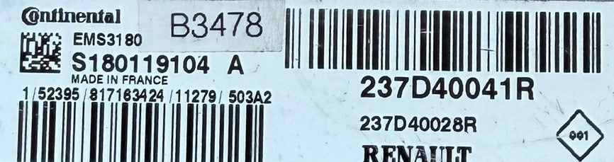 Plug & Play Continental Engine ECU, Renault Kangoo EV, S180119104 A, 237D40041R, 237D40028R, EMS3180