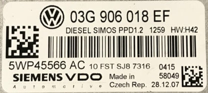 ECU de motor Siemens VDO Plug & Play, VW, 5WP45566AC, 5WP45566 AC, 03G906018EF, 03G 906 018 EF, PPD1.2