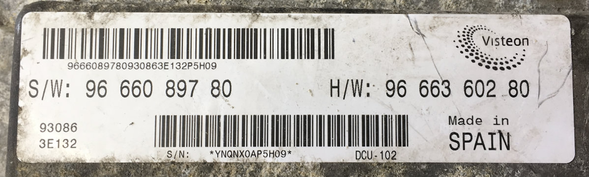 SW9666089780, S/W :96 660 897 80, HW9666360280, H/W: 96 663 602 80, DCU-102