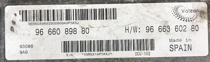 SW9666089880, S/W: 96 660 898 80, HW9666360280, H/W: 96 663 602 80, DCU-102